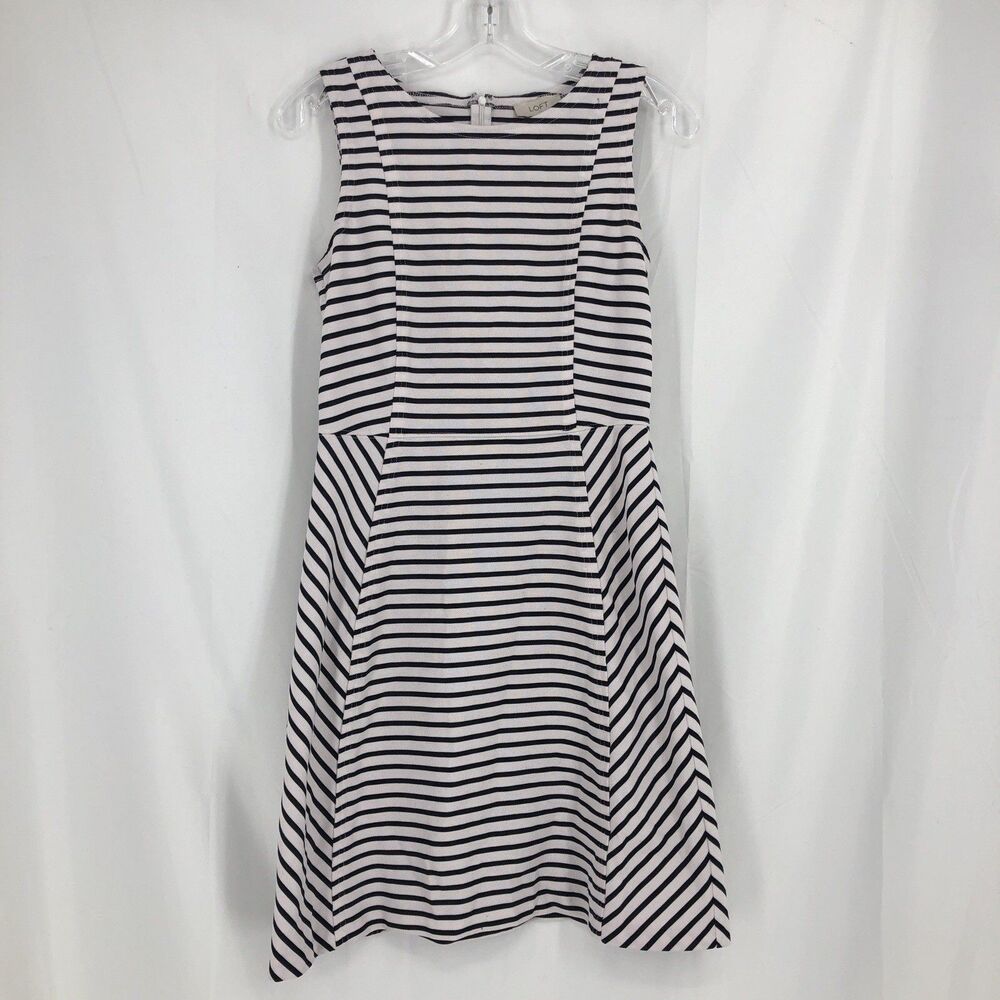 LOFT Black White Stripe Fit Flare Midi Dress Size 4 Preppy Nautical Resort